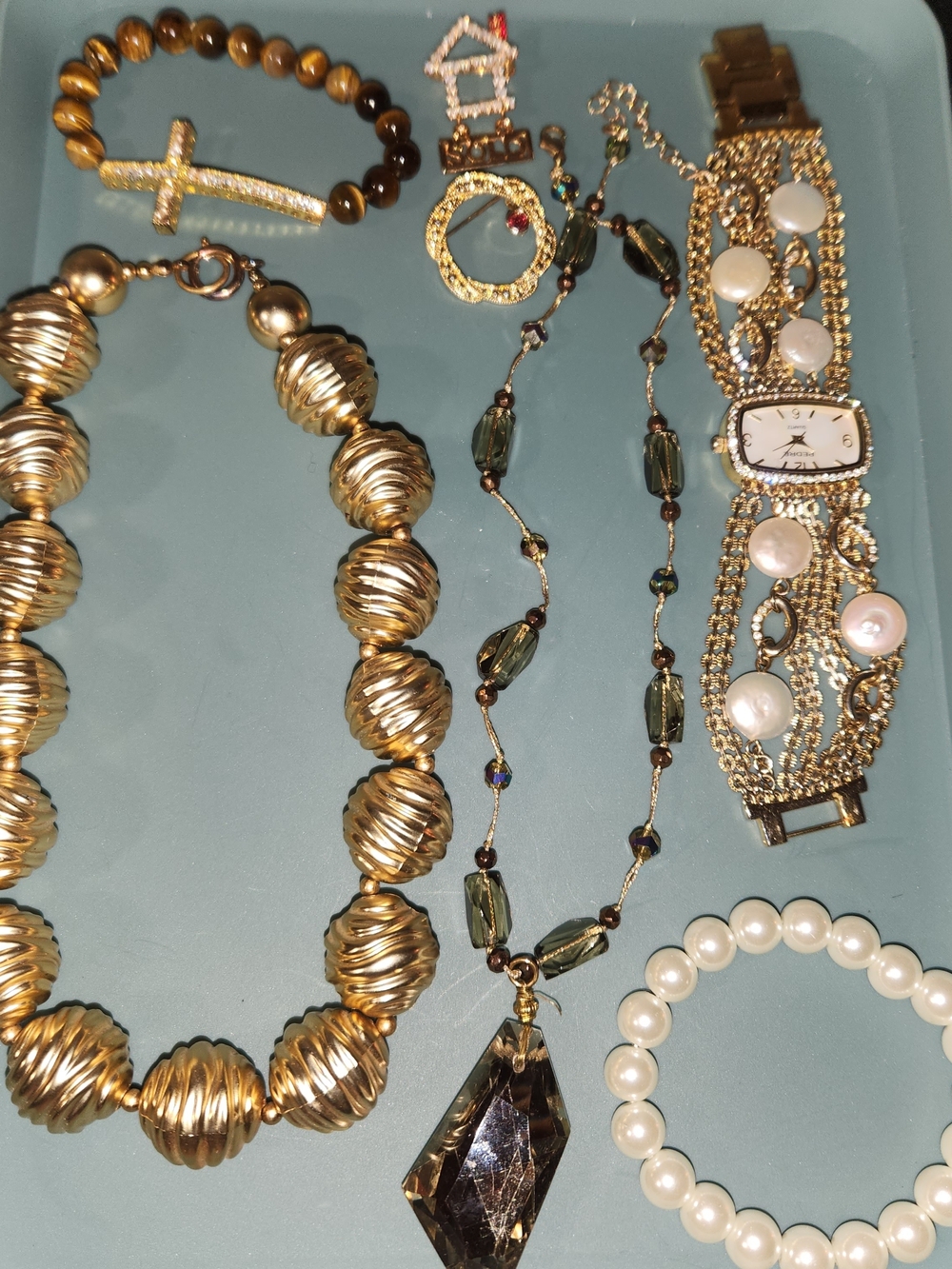 Gold-Tone Ribbed Bead Necklace with Smoky Pendant - Women Jewelry